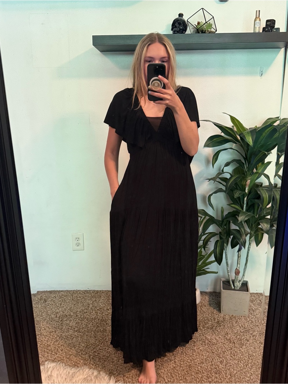 Three Bird Nest Black Ruffle Maxi Dress